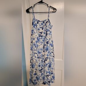 H&M Blue & White Floral Linen Blend Midi Dress Sundress Sz M